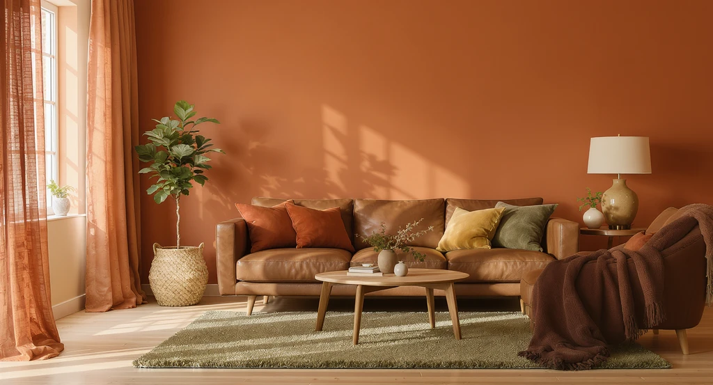 Editorial living room showcasing ai home design color trends 2026, virtual staging ai for earth tone palettes, and ai visualization for replacing gray interiors, with terracotta, olive, warm brown, and sandy beige hues.