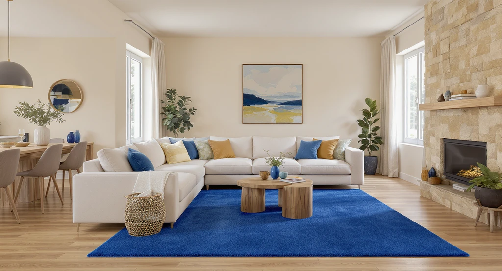 Photorealistic beige, blue, and earth-tone modern living room showcasing ai home design color trends 2026 and virtual staging ai for earth tone palettes, demonstrating how ai predicts interior color shifts and visualizes the replacement of gray interiors.