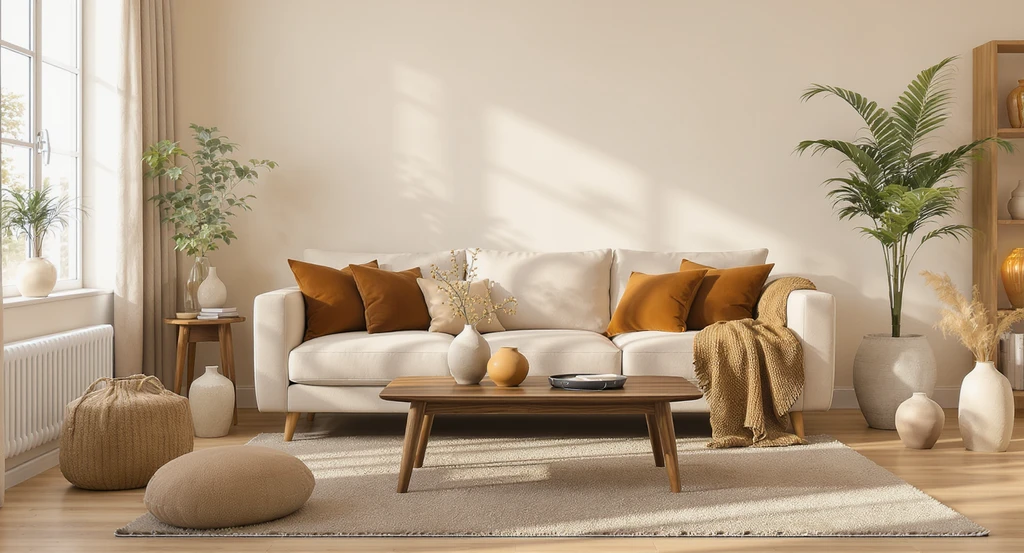 Ultra-realistic living room staged with beige walls, taupe rug, walnut brown furniture, caramel cushions, clay decor, exemplifying ai home design color trends 2026 and virtual staging ai for earth tone palettes.