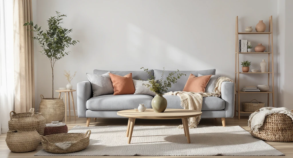Modern gray living room updated with warm beige throws, textured rugs, wood accents, olive and clay accessories, and greenery, demonstrating ai home design color trends 2026 and ai visualization for replacing gray interiors.
