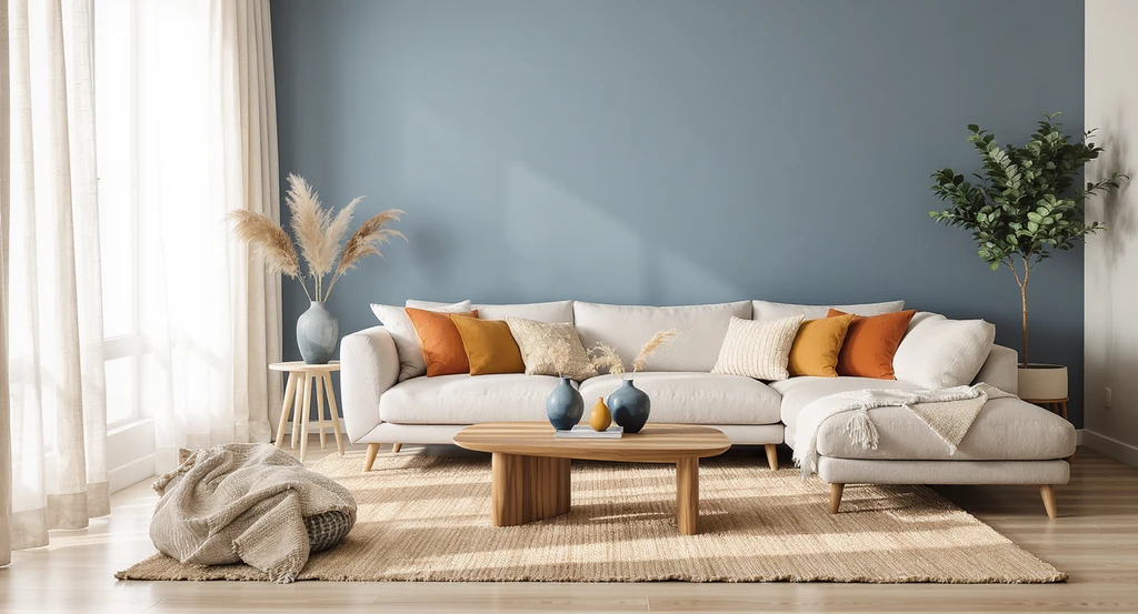 Sunlit living room designed with ai home design color trends 2026, showcasing muted blue walls, warm neutrals, earth tone palettes, and natural textures for ai visualization replacing gray interiors.