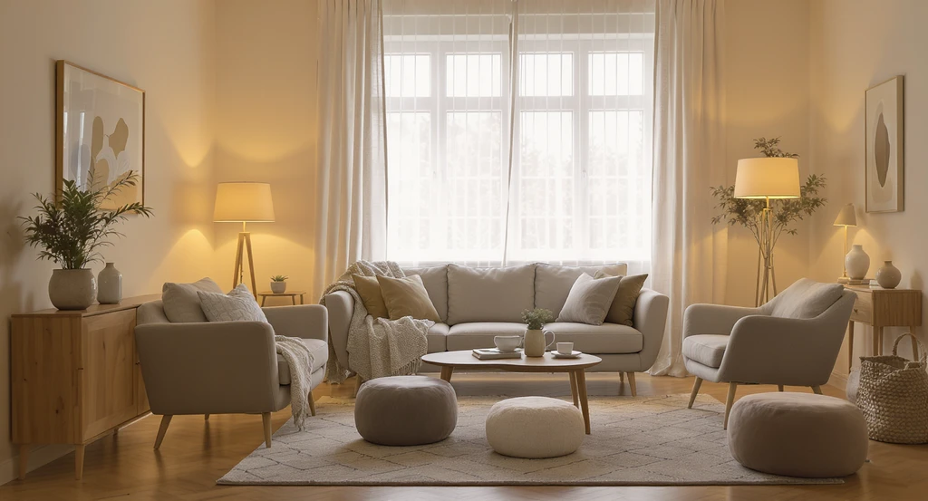 Living room designed with ai-driven lifestyle interior design trends, showing emotional comfort and flexible zones, using layered lighting, versatile seating, textured throws, wellness-centered greenery, and functional decor.