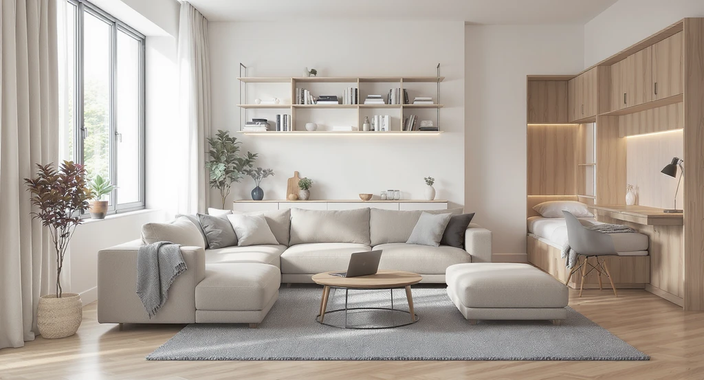 Ultra-realistic image of a flexible, modern interior showing ai-driven lifestyle interior design trends with modular furniture and natural light, visualizing how ai tools create adaptable, wellness-centered living spaces with emotional comfort.