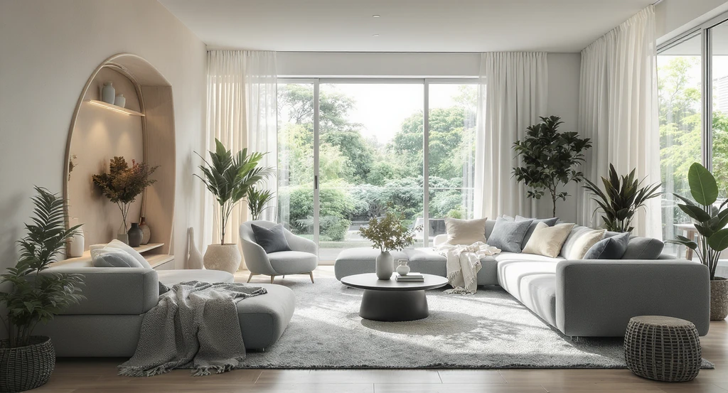 Editorial-quality 2026 living space showing ai-driven lifestyle interior design trends: modular furniture, wellness-centered features, smart technology, and flexible room layout visualized for emotional comfort and real living.