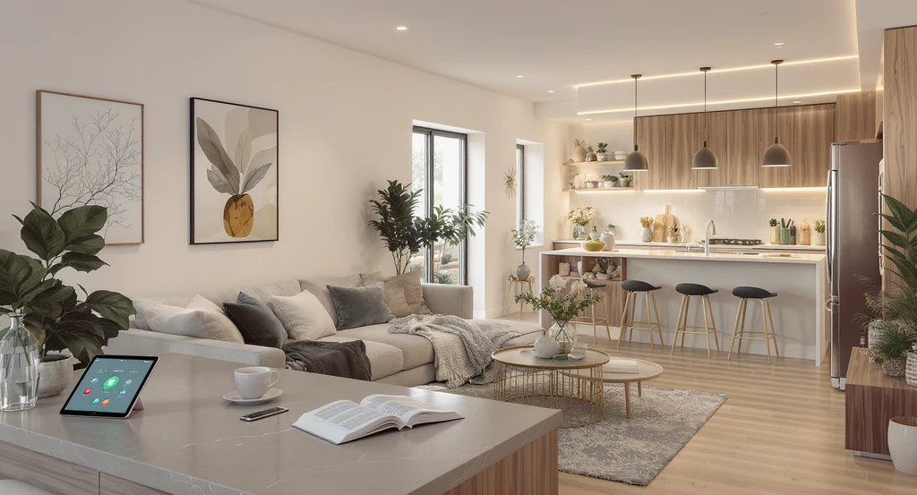 A 2026 open-plan living space showcasing ai-driven lifestyle interior design trends, with flexible zones, emotional comfort, and subtle smart home tech integrated for real living.