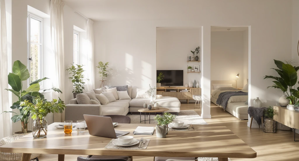 A photorealistic, AI-driven lifestyle interior design showcases flexible spaces: a dining table doubling as a workspace, a cozy wellness corner, and conversational modular seating. Editorial 16:9.