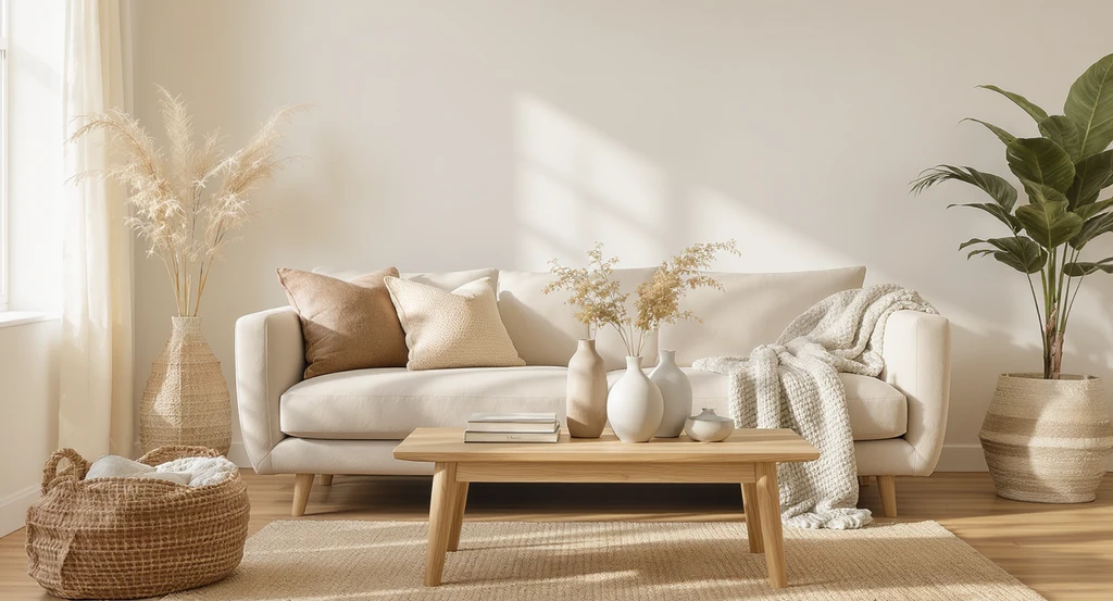 Living room virtually staged with ai for warm neutral homes, using creamy beige tones, layered organic textures, oak and stone finishes to show how ai enhances emotional home staging and realistic texture visualization for buyers.
