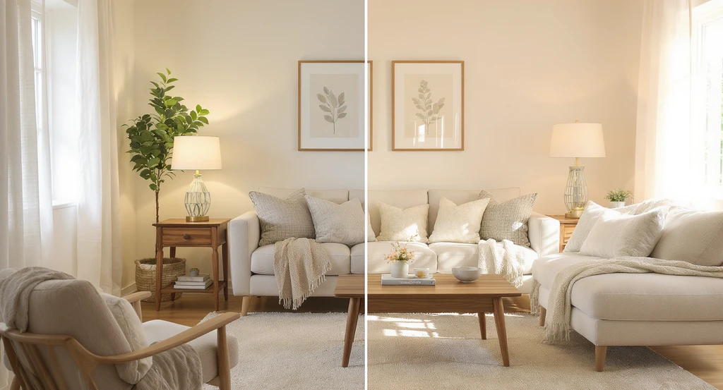 Editorial image showing ai virtual staging for warm neutral homes: a cozy living room with warm lighting, creamy rugs, wooden accents, and layered textures, demonstrating how ai enhances emotional home staging with realistic texture visualization.