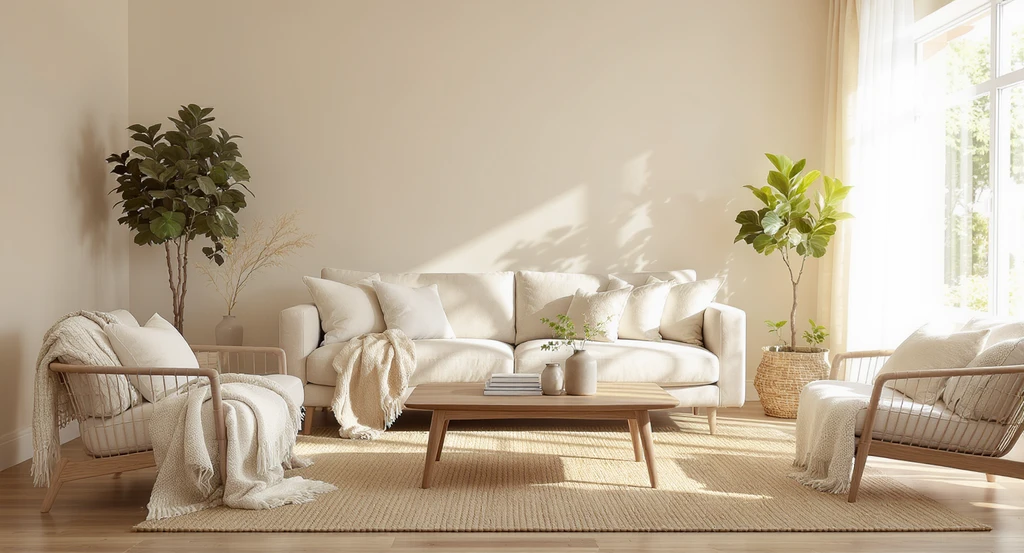 Photorealistic living room virtually staged with warm neutral AI tools for cozy interior design, showcasing realistic textures, natural lighting, and inviting, emotionally resonant home staging features that highlight the impact of ai-generated home photos on buyers.