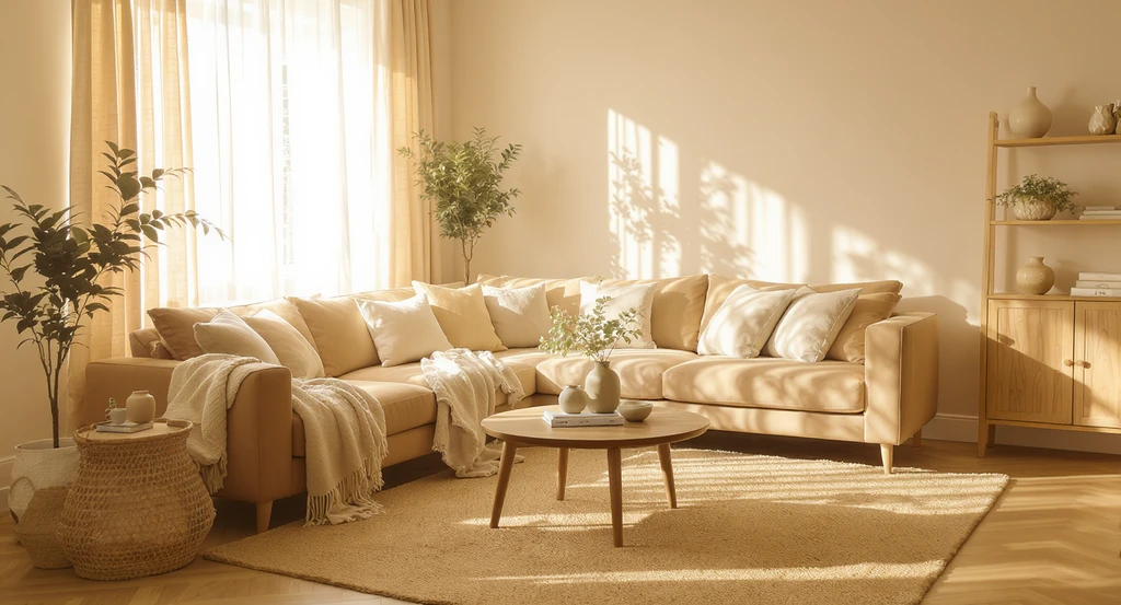 Editorial-quality living room staged with warm neutrals, showing ai virtual staging for homes. Soft lighting, organic textures, and realistic material finishes enhance emotional appeal for online buyers.