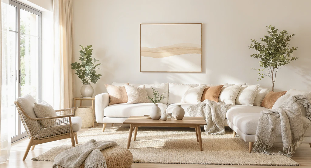 Editorial photo of a warm neutral living room in 2026, created using ai virtual staging for home sales. Showcases realistic textures, cozy beige tones, and natural lighting to highlight how ai enhances emotional home staging and the impact of ai-generated home photos on buyers.