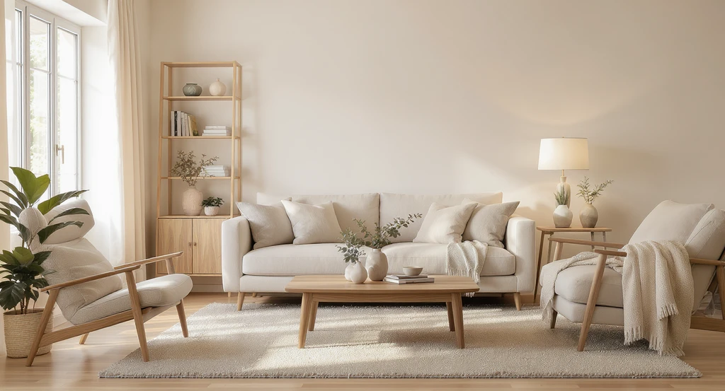 AI virtual staging showcases a modern 2026 living room with warm neutral tones, natural wood textures, and cozy furnishings to enhance emotional home staging appeal.