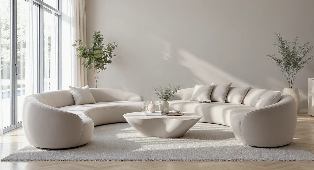 Ultra-realistic living room showcasing ai-powered home staging trends 2026, featuring curved sofas and rounded tables for virtual staging with emotional realism ai and best ai tools for adaptive room layouts.