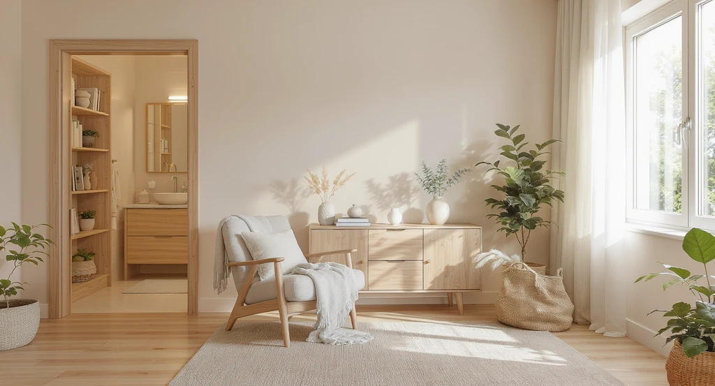 Virtual staging with emotional realism ai depicts a wellness-inspired living area—calming palette, warm layered lighting, spa-like bathroom access, and adaptive room layout—showcasing ai-powered home staging trends 2026 for restorative spaces.