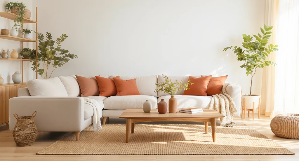 A 2026 ai-powered home staging trend: warm minimalism living room with creamy whites, beige sofa, organic textures, natural woods, and soft daylight for wellness inspired virtual staging with emotional realism ai.