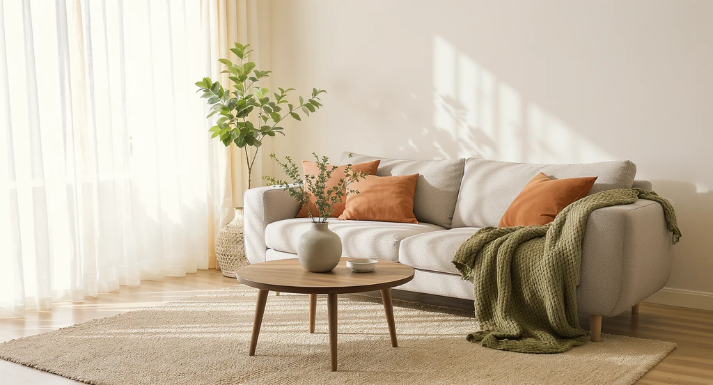 Living room staged with ai-powered home staging trends 2026, showing a calming, organic color palette in creamy white, taupe, terracotta, olive, and walnut, using virtual staging with emotional realism ai.