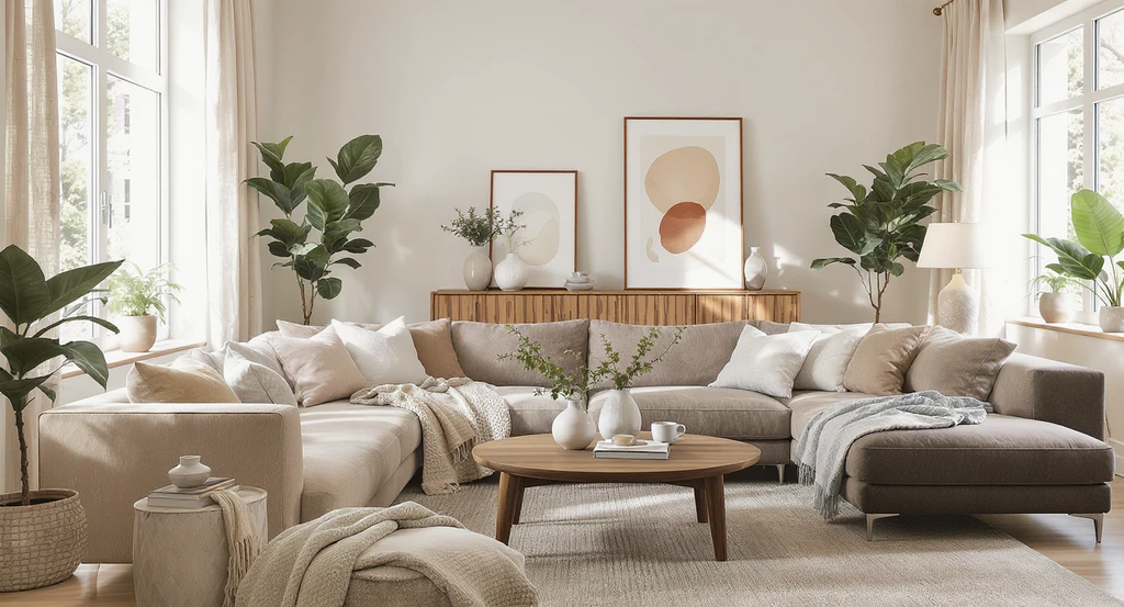 Modern, sunlit living room staged with ai-powered home staging trends 2026, showing virtual staging with emotional realism ai and wellness inspired ai home visualization.