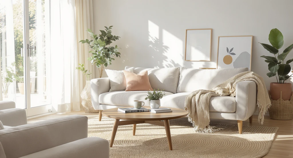 Sunlit living room virtually staged with ai-powered home staging trends 2026: organic textures, adaptive layouts, and emotional realism ai effects.