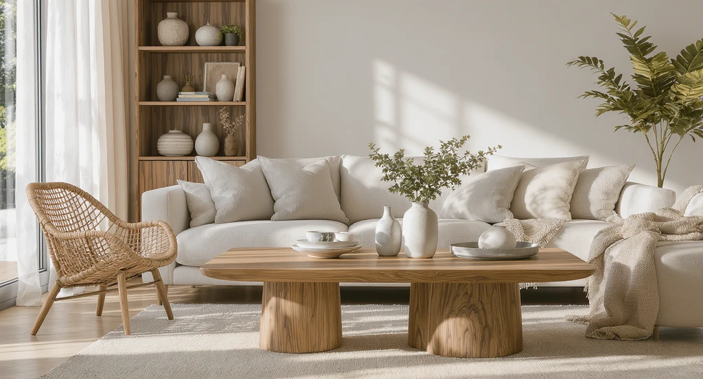 Contemporary living room staged with oak, walnut, linen, bouclé, matte ceramics, and stone, reflecting ai-powered home staging trends 2026 and virtual staging with emotional realism ai.