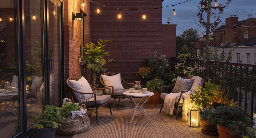 Photorealistic balcony setup staged with café-style seating, layered textiles, greenery, and warm lighting, showcasing ai-powered home staging trends 2026 and virtual staging with emotional realism ai for outdoor spaces usable in daily routines.