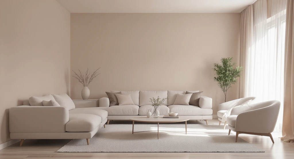 Photorealistic living room showing ai interior design with subtle color palettes, gentle tonal variations, and calming, seamless transitions between surfaces.