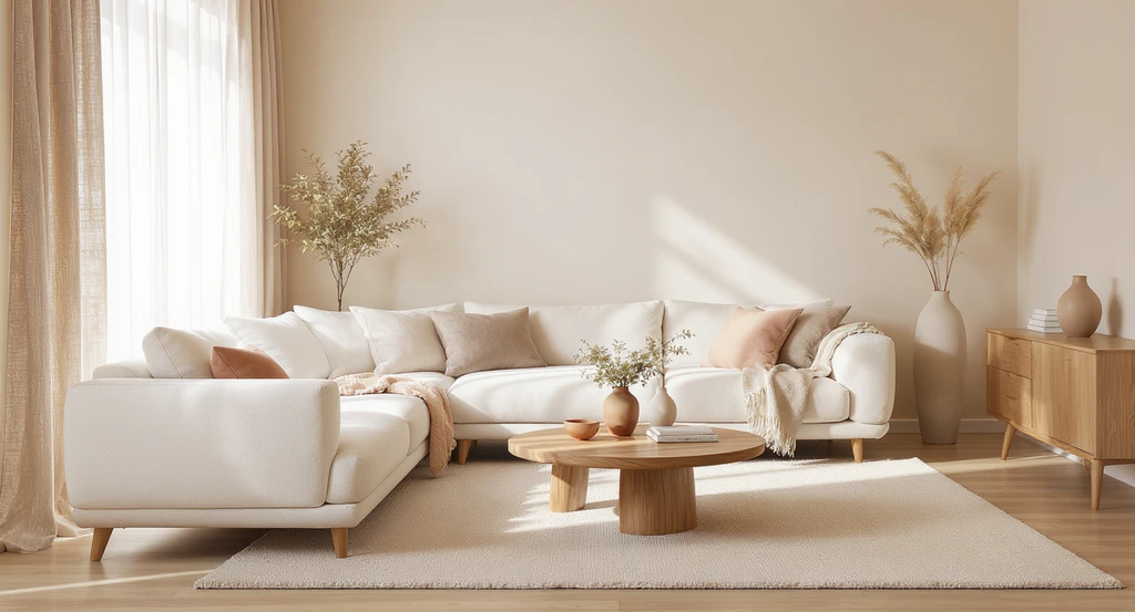 Modern living room showcasing ai interior design for subtle color palettes, with warm neutrals, soft earth tones, and calming decor for emotional impact.