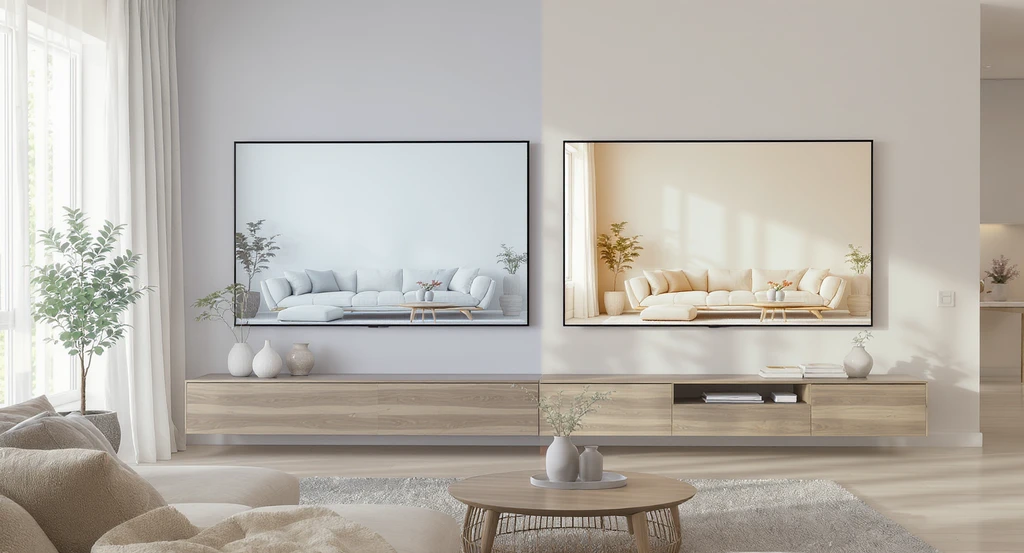 A modern living room with two large digital screens side by side, each showing ai interior design visualizations of subtle color palettes. The displays compare tonal color schemes, highlighting the emotional impact of ai home color choices using best ai tools for calming interiors.