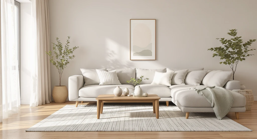 Photorealistic living room with subtle color palettes, ai interior design, showing calming tonal color schemes, natural light, and sustainable materials.
