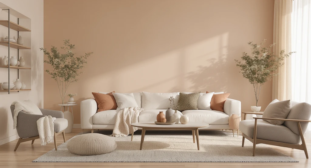 Editorial-quality ai interior design visualizes a 2026 living room using subtle color palettes—layered beiges, taupes, olives, and terracottas—for tonal harmony and calming ambiance.