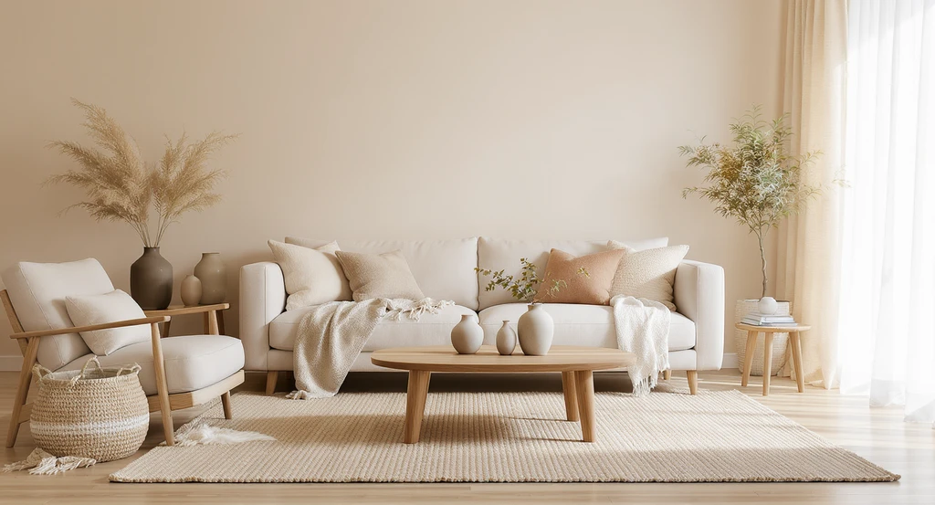 Editorial image of a modern living room with subtle color palette using soft neutrals, layered textures, and gentle earth tones; ai interior design for subtle color palettes, how ai visualizes tonal color schemes, emotional impact of ai home color choices, best ai tools for calming interiors, ai-guided sustainable palette selection tips.