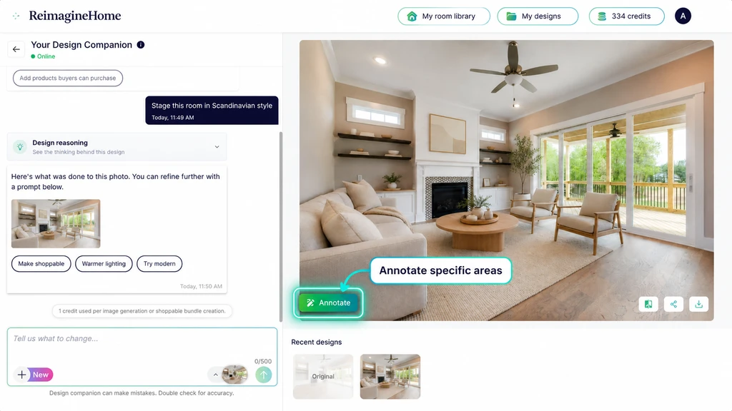 ReimagineHome AI screen highlighting the Annotate button used to mark specific areas for design changes.