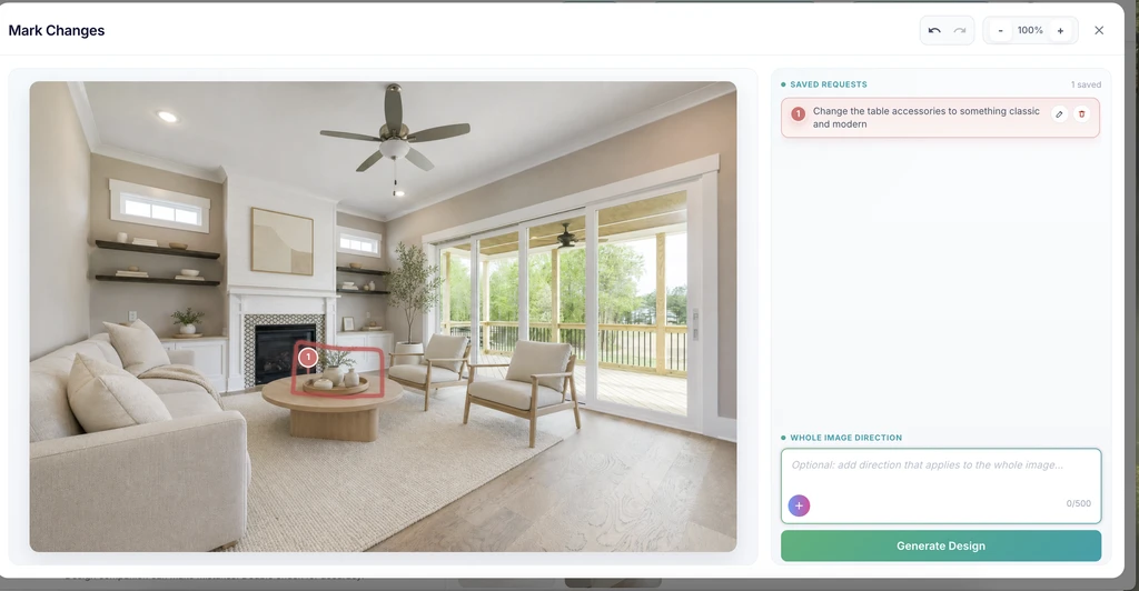 ReimagineHome AI Mark Changes screen showing a selected coffee table area, saved change request, and whole-image direction box.