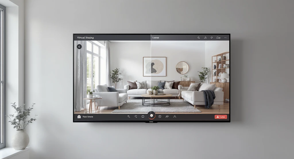 Modern vacant living room with a large wall-mounted screen displaying an AI virtual staging interface, highlighting future trends in ai virtual staging and personalized ai home design visualization for real estate buyers.