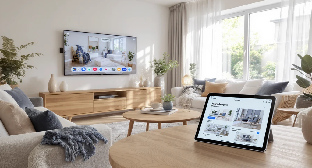 Photorealistic modern living room staged using AI virtual staging technology, showing interactive home design visualization tools and smart home interfaces for real estate.