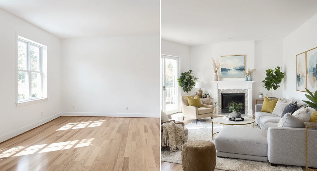 Split-view of a modern living room showing an empty space next to a digitally staged, personalized environment, illustrating future trends in ai virtual staging and interactive virtual staging for real estate.