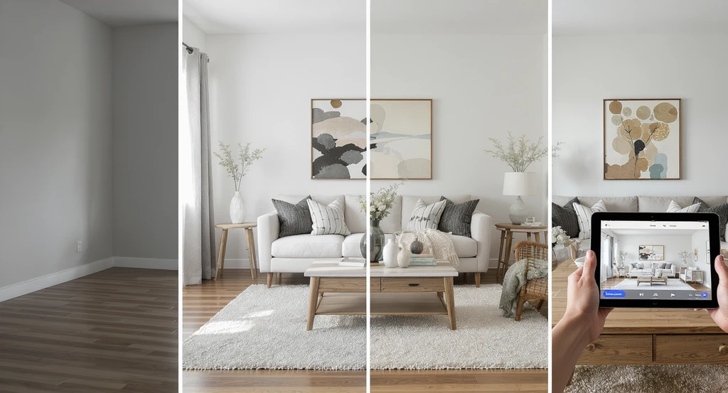 Editorial-quality 16:9 image showing the evolution of AI virtual staging: an empty room, staged in various styles, personalized AI decor, and an interactive visualization ecosystem with real-time editing displayed on a tablet. Future trends in ai virtual staging and personalized ai home design visualization.