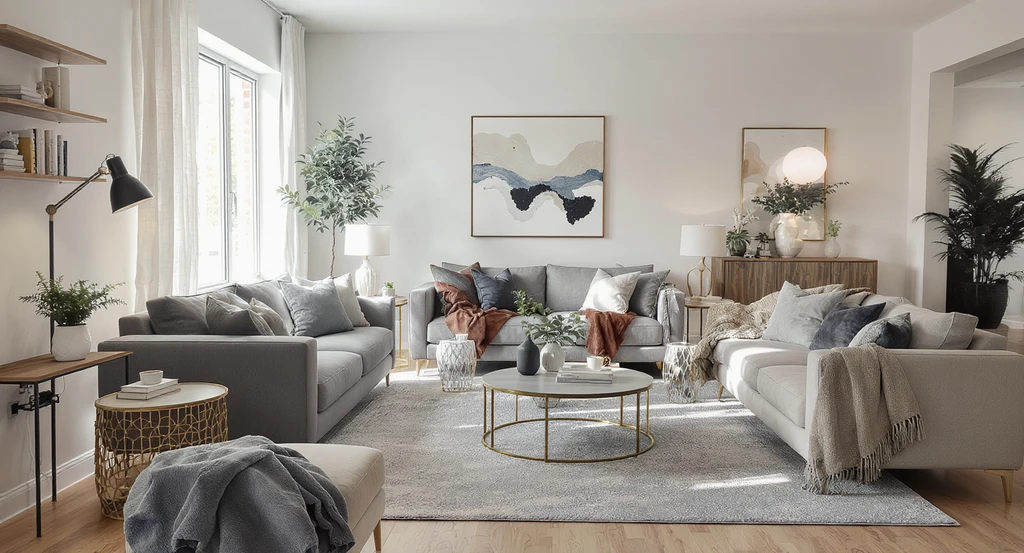 Photorealistic modern living room illustrating common mistakes in AI virtual staging including crowded layout, inaccurate furniture scale, and unrealistic lighting—showing how future trends in AI virtual staging and personalized AI home design visualization impact buyer trust.