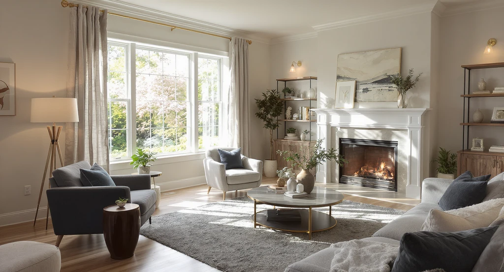 Photorealistic modern living room virtually staged with AI, showing correct furniture proportions, accurate lighting, and realistic shadows to highlight future trends in ai virtual staging and how ai staging improves buyer trust.