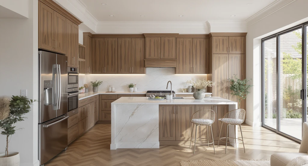 Contemporary remodeled kitchen and living area showcasing modern vs classic designs for resale value, helping avoid renovation regret in 2026 while addressing common remodeling mistakes homeowners make.