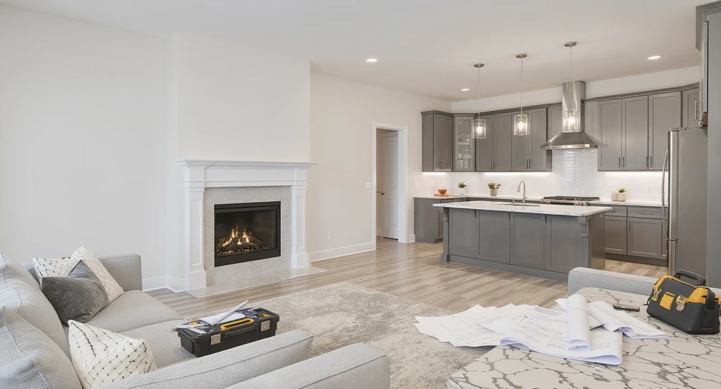Professional living room and kitchen remodel showcasing modern finishes, precise layouts, and approved plans—minimizing common remodeling mistakes and boosting resale value.