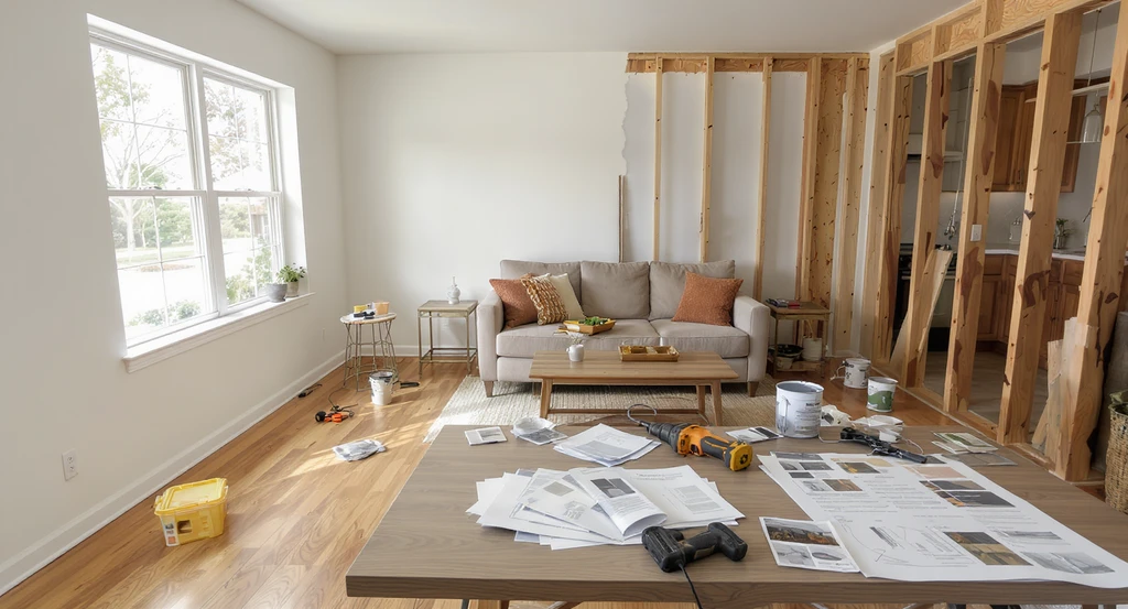 A photorealistic living room under renovation, showing modern versus classic design choices, remodeling materials, financial papers, and smart home upgrades—illustrating common remodeling mistakes homeowners make and how to avoid renovation regret in 2026.
