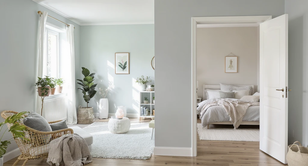 Wellness home design upgrades shown in a sunlit living room and bedroom with calming colors, plants, air purifier, and a meditation space.
