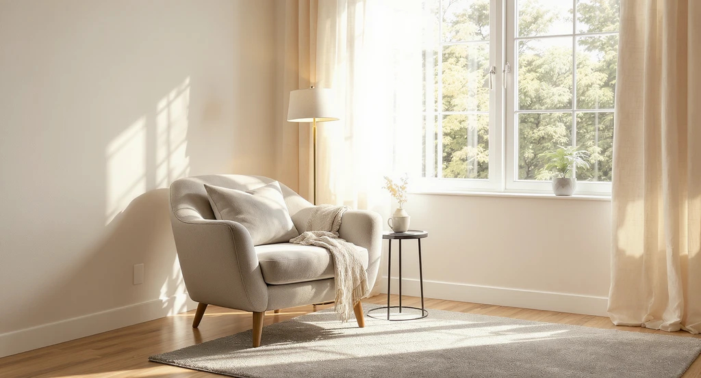 Sunlit wellness home corner with a plush neutral armchair, rug, and warm light, showing how to create a meditation space at home for relaxation.