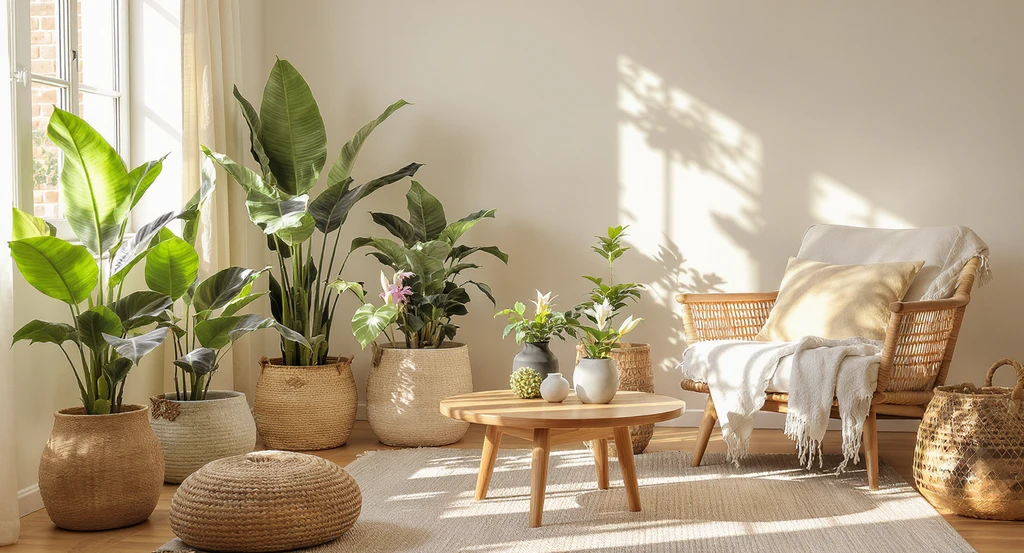 Living room corner showcasing wellness home upgrades for every room with snake plants, peace lilies, wood furniture, stone, linen, and rattan accents for a calming atmosphere.
