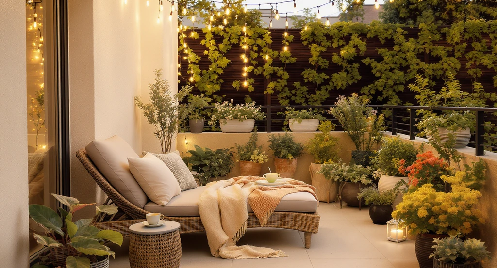 Inviting outdoor wellness space on a small balcony featuring a cushioned lounge chair, potted herbs and flowers, and soft string lighting for a calming health and wellness home upgrade.
