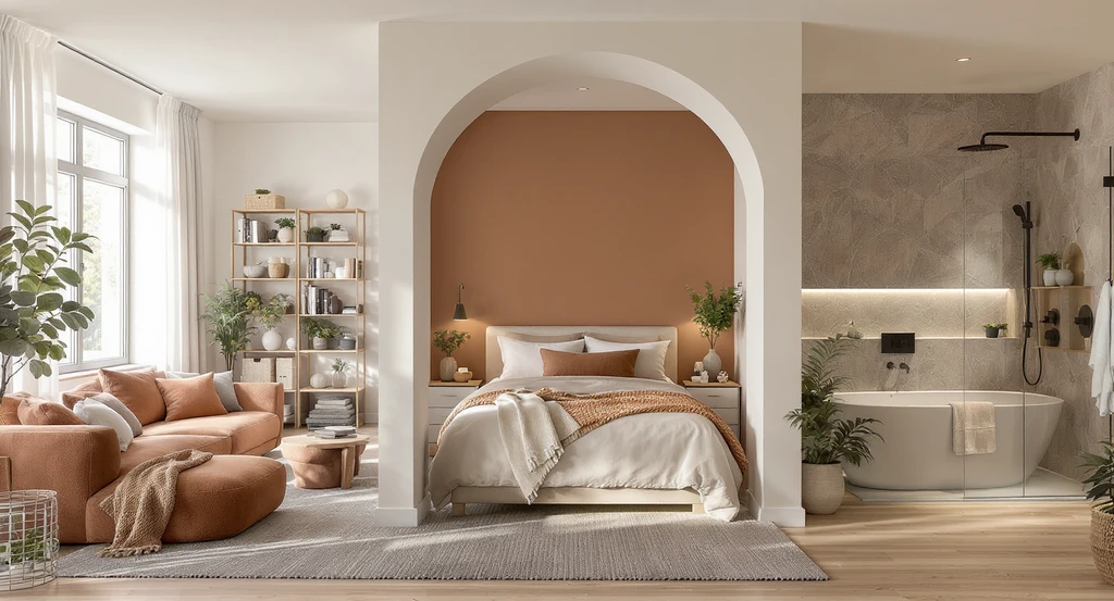 Editorial image of a 2026 open-plan home showing flexible living room layout ideas, best colors for 2026 bedroom walls, wellness bathroom features, and rental-friendly small space design tips, reflecting real homeowner needs.