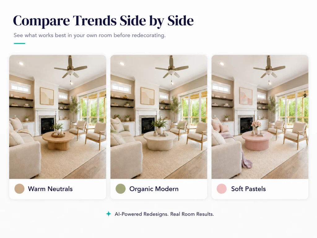 Three AI-generated living room designs comparing warm neutrals, organic modern, and soft pastel interior trends.