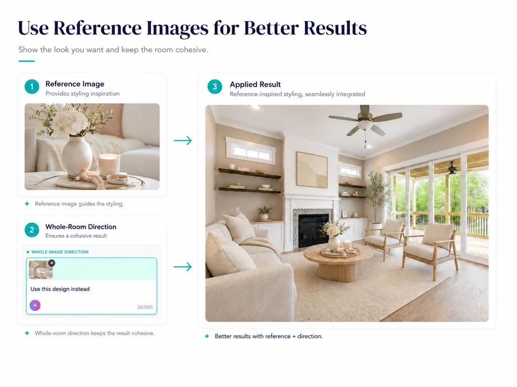 Reference image and whole-room direction applied to create a cohesive AI-generated living room design.
