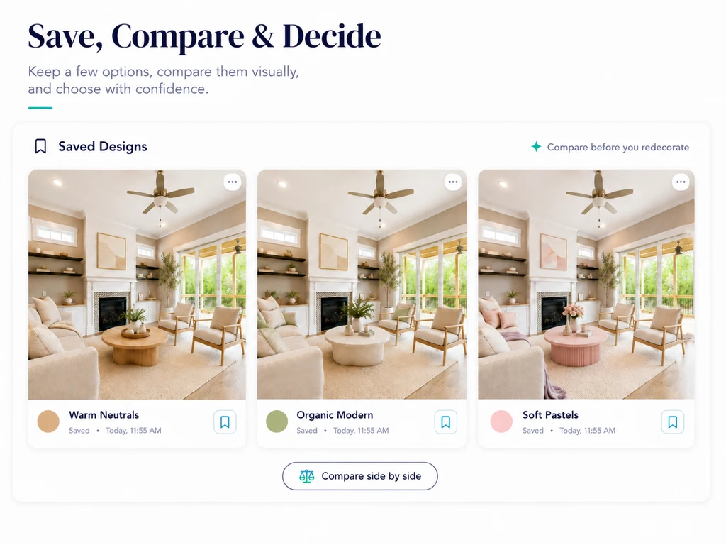 Saved AI room design options displayed side by side for comparing warm neutral, organic modern, and soft pastel styles.