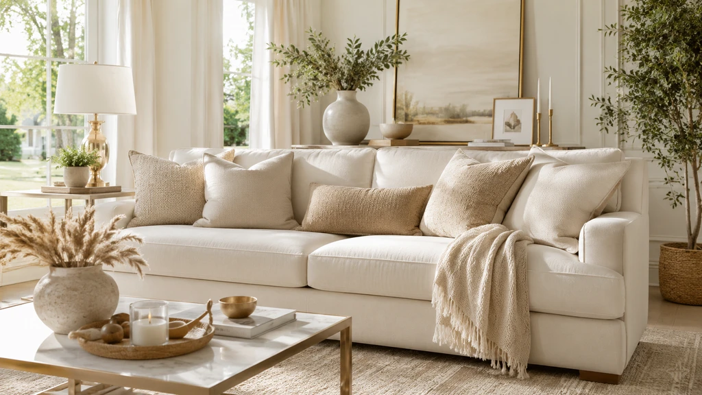 Bright modern classic living room with a cream sofa, neutral pillows, coffee table decor, plants, and soft natural light.